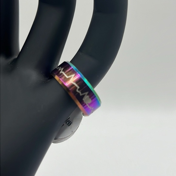 Heartline Etched Heart Pulse Rainbow Stainless Steel Ring Band - Picture 6 of 8